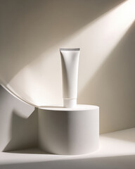 Minimalistic studio scene featuring single sunscreen tube illuminated by soft light, creating serene and elegant atmosphere. product stands out against neutral background, emphasizing its design