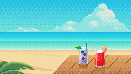 Pixel art tropical beach scene with blackberry and watermelon cocktails on a wooden deck. Tropical leaves with a bright ocean view and summer atmosphere. Vector illustration.