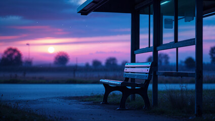 Serene sunset landscape depicting an empty bus stop bench illuminated by vibrant hues of pink and blue