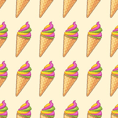 Seamless pixel art pattern of colorful swirl ice cream cones on a soft beige background. Cute and playful dessert design in vector style for summer and sweets-themed projects.