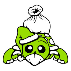 Turtle Santa hat gifts cartoon cute eyes present Isolated Vector Graphic Design Illustration
