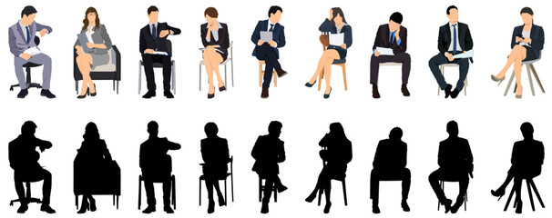 Silhouettes of business people sitting, men and women sit on armchair, office chair, front, side view. Vector illustration black on transparent background. Icons set, bundle.