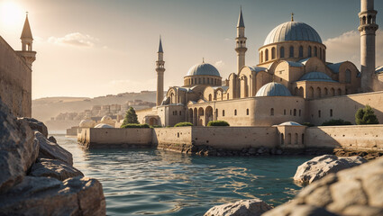 Stunning architectural view of a historic mosque complex on the water under a beautiful sunny sky during the golden hour.