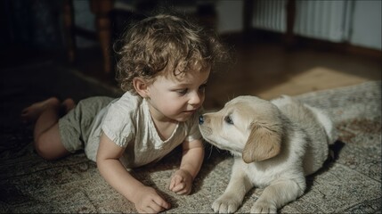 A gentle moment of friendship between a small child and his adorable puppy.