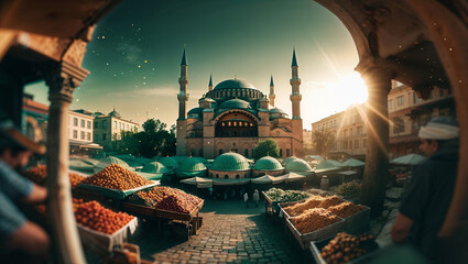Stunning view of the mosque amidst a vibrant market showcasing an authentic cityscape during the golden hour.