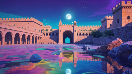 Surreal castle illuminated by a full moon reflecting in colorful water under a starry night sky