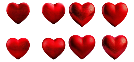 Assorted Red Hearts in Various Textures and Shapes for Design Use, Isolated on Transparent, white background