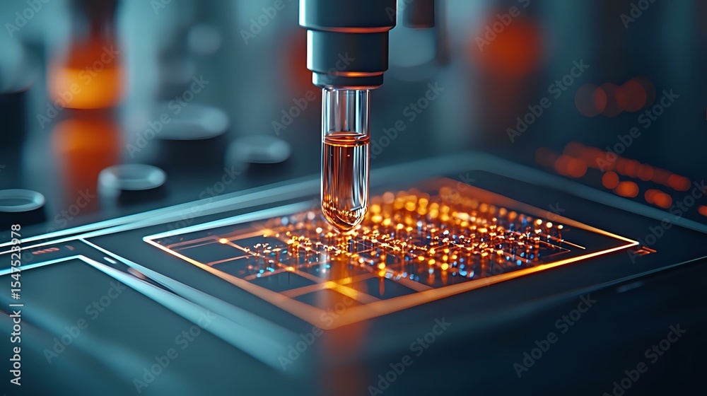 Poster robotic arm performing precision testing on glowing microchip circuit board with orange and blue tec