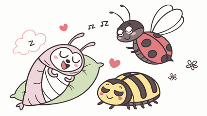 Happy Cute Cartoon Insects Sleeping Caterpillar Bee Ladybug Friends Illustration