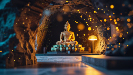 Tranquil golden buddha statue seated in a cave illuminated with soft warm light and decorative elements