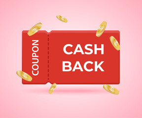 A gift voucher with a cash refund on the coupon. Cashback. For business promotion and online shopping with discounts. Sticker-tag, advertising banner.