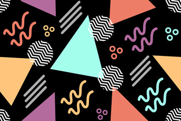 Memphis design seamless repeat pattern. Memphis 80s  geometric colorful creative design vector illustration. For textile, texture, fabric wrapping, decorative, wallpaper, shirts, clothing, tablecloth