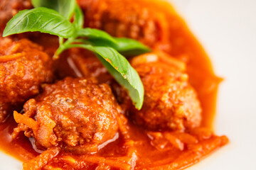 Meatballs tomato sauce beef, pork or chicken meat fresh delicious gourmet food background on the table rustic food top view copy space keto and paleo diet