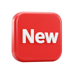 Glossy red button with raised white 'New' text graphic element