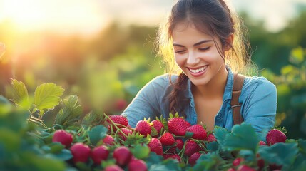 Girl picking strawberries in the field. Strawberry picking idea