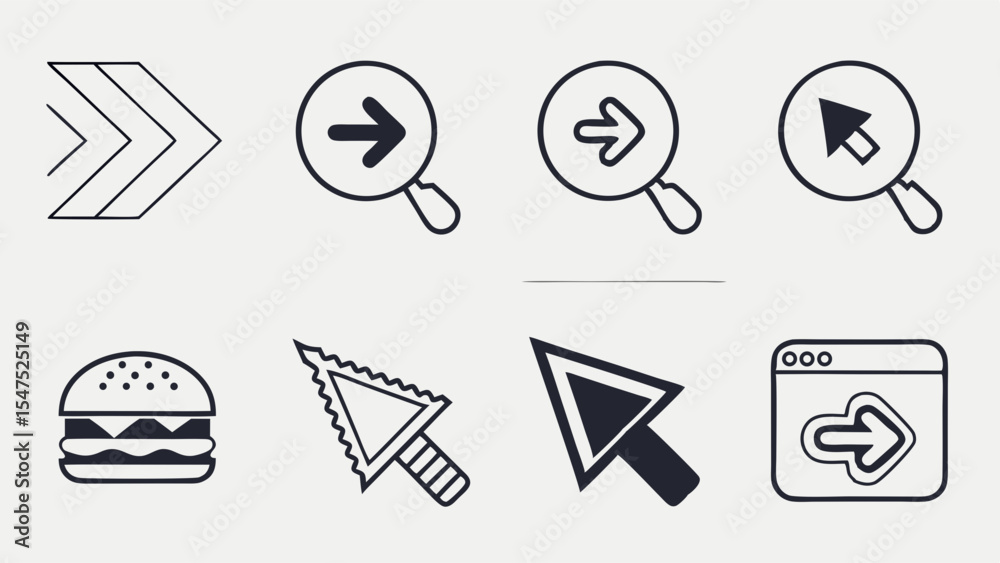 Fototapete Simple outline icons set for UI UX design with arrows magnifying glass cursor hamburger menu browser window