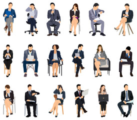 Obraz premium Business people sitting, men and women sit on armchair, office chair, front, side view. Vector illustration black on transparent background. Icons set, bundle.