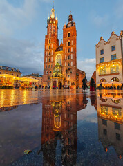 Amazing view of St. Mary's Basilica in Krakow, Poland. Sunset time