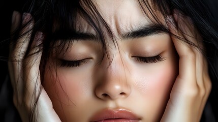 Obraz premium Young Asian woman with closed eyes and natural makeup expressing serenity and mindfulness, hands touching temples in meditative pose against dark background.