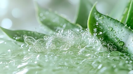 Delicate soap bubbles and water droplets on fresh green leaves create serene natural macro composition with soft bokeh background.