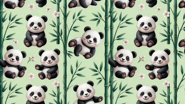 Cute panda bear cubs playing with bamboo and flowers seamless pattern.