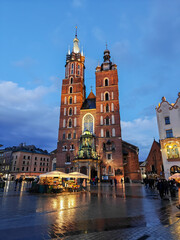 Amazing view of St. Mary's Basilica in Krakow, Poland. Sunset time