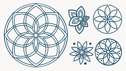 Geometric Floral Patterns Vector Set Simple Line Art Abstract Mandala Ornaments Design Collection Decoration Elements