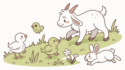 Obraz premium Adorable Cartoon Farm Animals Illustration Cute Goat Baby Chicks And Rabbit Playing In Spring Grass Kids Design Easter Childhood