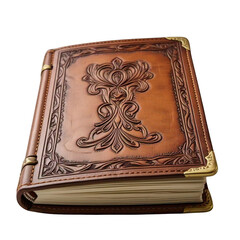 A close up shot of an ornate leather bound book with gold corner protectors on a black background