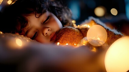 Young child sleeping peacefully among warm glowing string lights and cozy burlap fabric, creating magical dreamy atmosphere with soft bokeh effect in dark room.