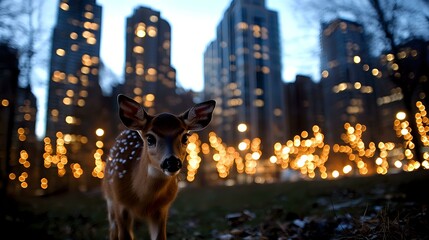 Young spotted deer standing in urban park at dusk with glowing city lights and illuminated skyscrapers creating magical bokeh effect in background.