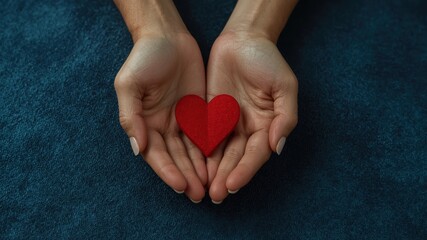 Two hands gently hold a textured red heart against a dark background, symbolizing love and care.