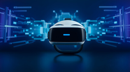 Virtual reality headset showing futuristic data flowing in cyberspace