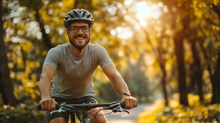 Man in goggles and helmet smiling while cycling in the park. Great for advertising active lifestyle and cycling, as well as for motivational posts.