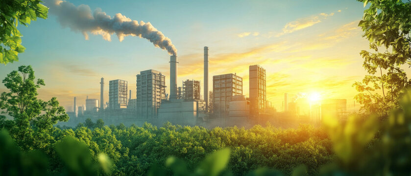 Factory against sunset background with smoke from pipes, useful for environmental and industrial articles.