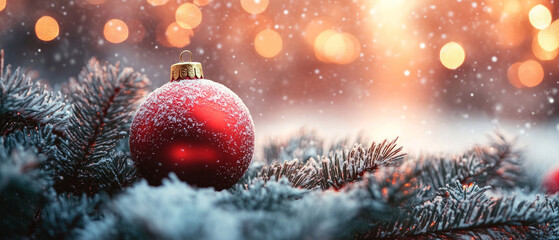 Bright holiday ornaments against a background of sparkling lights and snow. Useful for creating a festive mood and decorating cards.