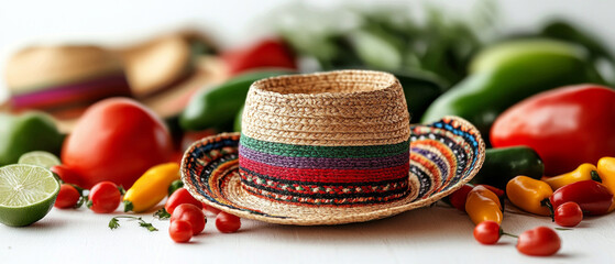 Colorful vegetables and a straw hat. Used in cooking blogs and articles about healthy eating.