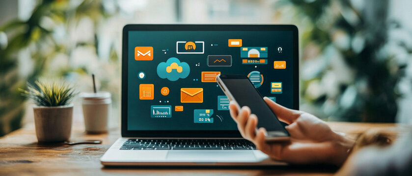 A person uses a phone and laptop with graphic elements. Applicable for articles about technology and remote work.