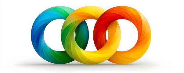 Three interlocking rings in a gradient of colors on a white background with soft shadows below