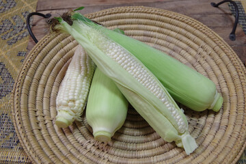 トウモロコシ、収穫のイメージ、夏野菜、白いトウモロコシの写真