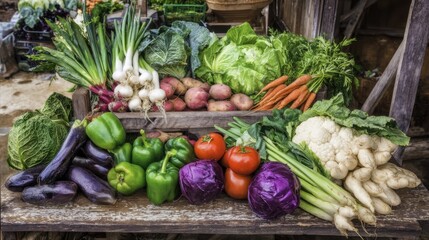 Vibrant assortment of fresh vegetables on rustic wooden table with purple eggplants, green bell peppers, red tomatoes, deep purple cabbage, white cauliflower, parsnips, green onions, red potatoes