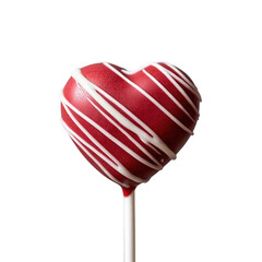 A single red heart shaped cake pop with white drizzle on a stick against a black background studio shot
