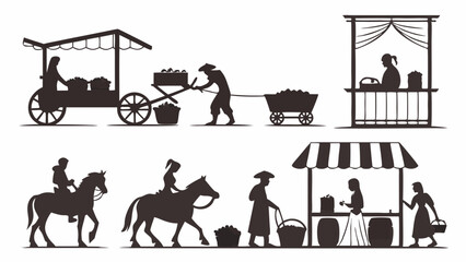 Fototapeta premium Medieval Market Silhouette Historical People Stalls Carts Horses Trade Scene