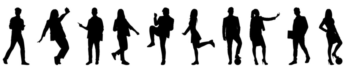 group of standing business people silhouette, black and white color isolated