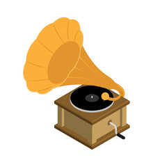 Isometric Classic gramophone, old device for playing sound recordings. Large metal horn and base, rotating platform for vinyl. Realistic 3D vector concept isolated on white background