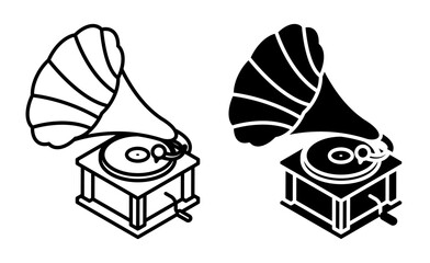 Linear icon, isometric gramophone, old device for playing sound. Large metal horn and base, rotating platform for vinyl. Simple black and white top view vector isolated on white background
