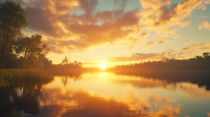 Obraz premium 宁静湖泊环绕高山绿色森林丘陵起伏高分辨率图片