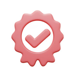 Pink raised seal with white circle and pink checkmark graphic