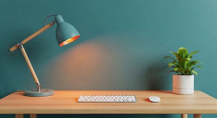 Modern minimalist workspace with teal wall, wooden desk, keyboard, lamp, and plant