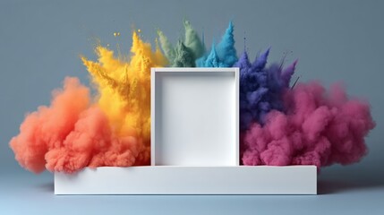 Colorful powder explosion surrounds a blank white display box, creating a vibrant and dynamic visual effect, ideal for showcasing products or designs with an artistic flair and energetic atmosphere